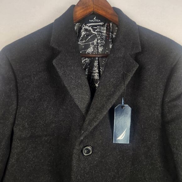 Nautica Barge Overcoat Men 38R Charcoal Gray Wool Cashmere Blend Italian Fabric - Picture 10 of 16